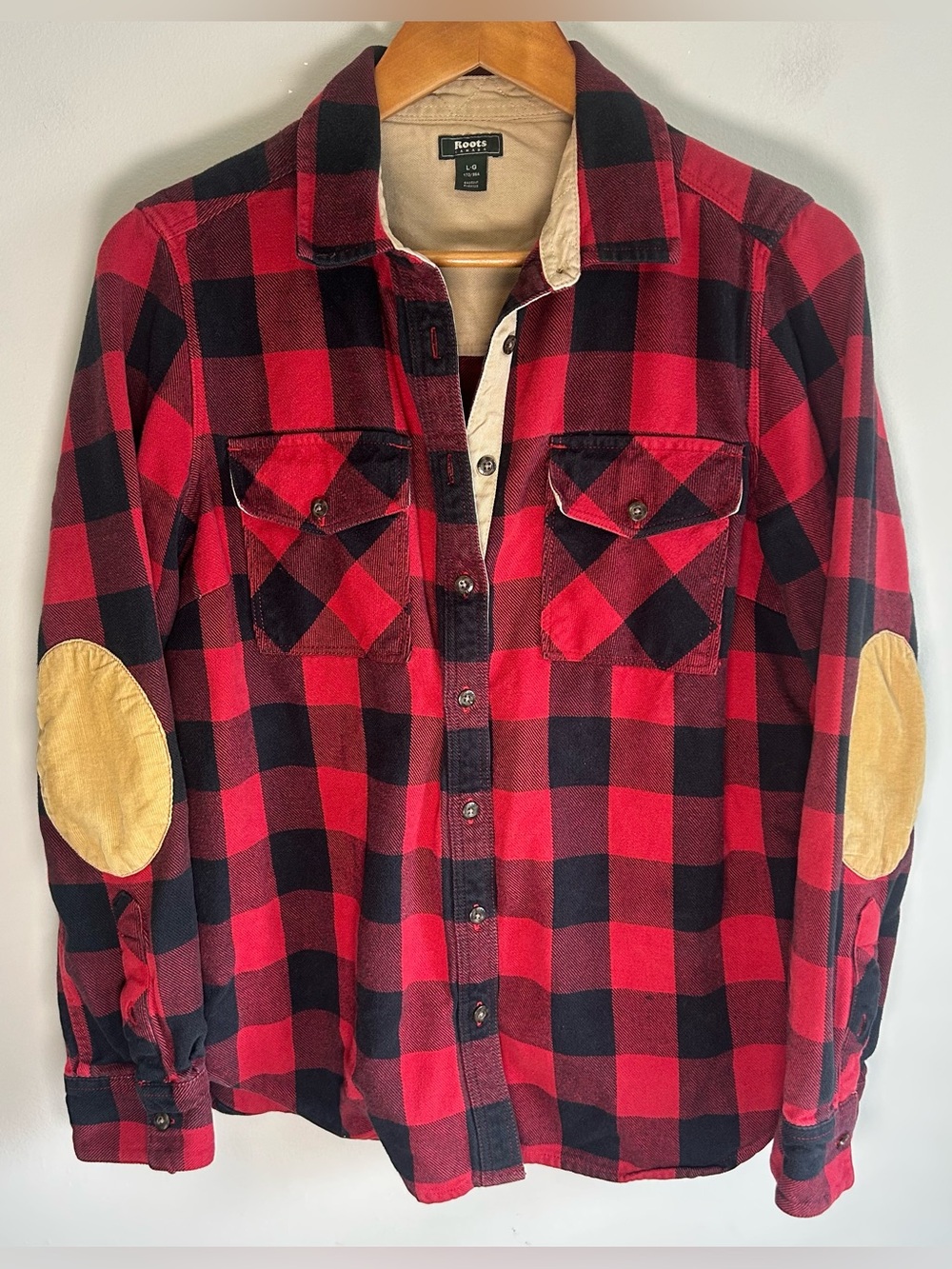 Roots Canada Women’s Red Black Buffalo Plaid Flannel Shirt Elbow Patches Size L
